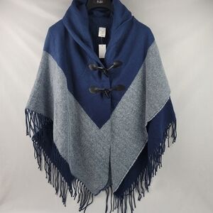 NWT Soft toggle button Blue Colorblock fringe poncho Cape I37